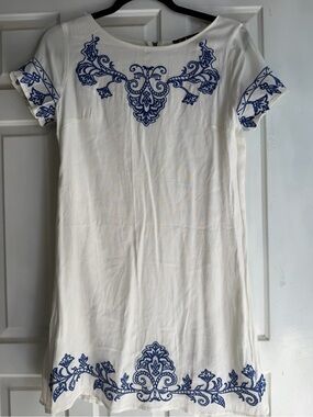 Lulu's White Tunic Dress with Blue Embroidered Accents